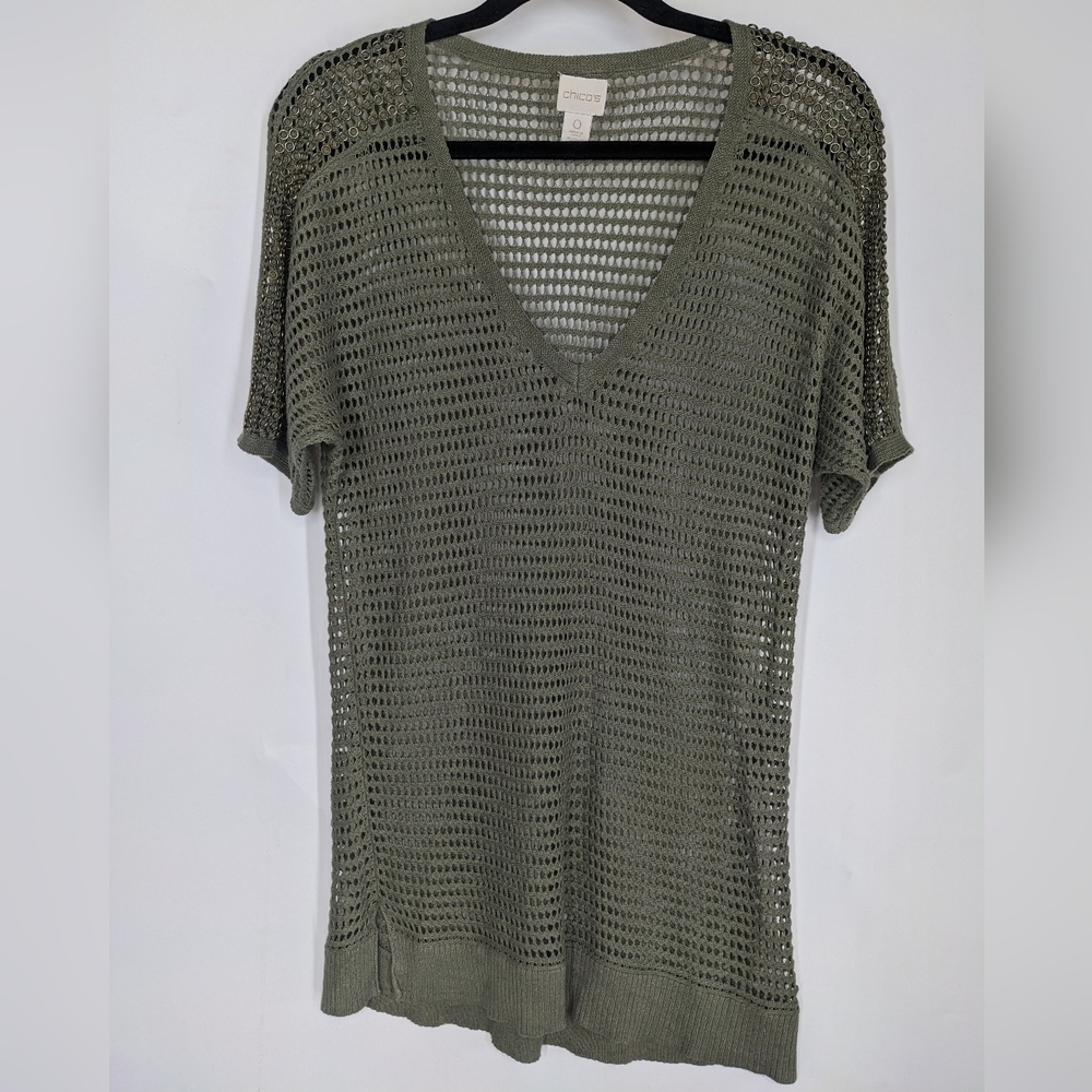 CHICO'S Mesh Sheer Grommet Shoulder V-neck Short Sleeve Sweater